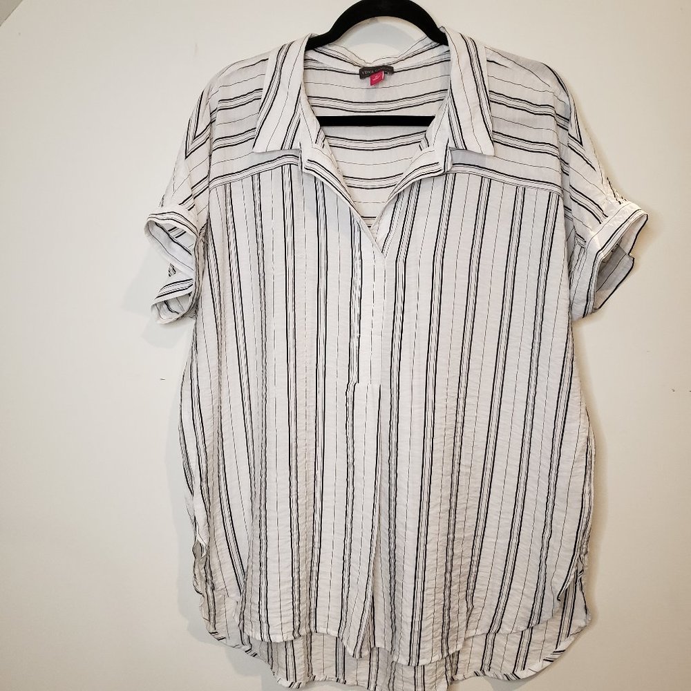 Striped dolman short sleeve collared blouse